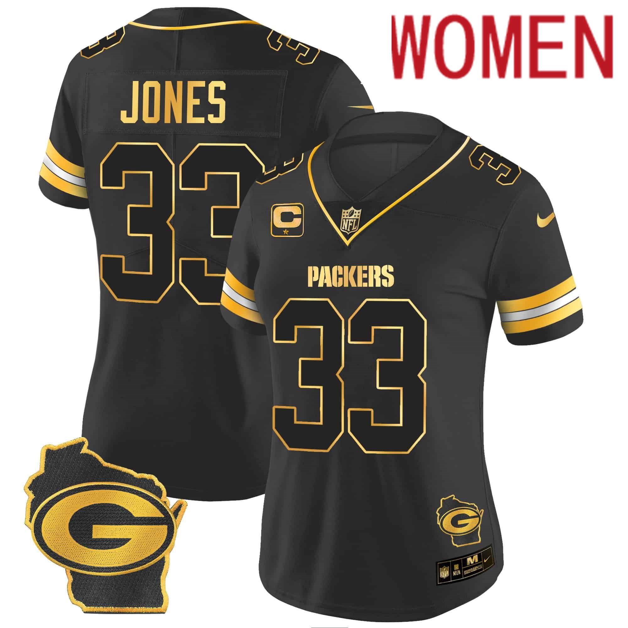 Women Green Bay Packers #33 Jones Black Gold 2024 Nike Home Patch Vapor NFL Jersey style 2->women nfl jersey->Women Jersey